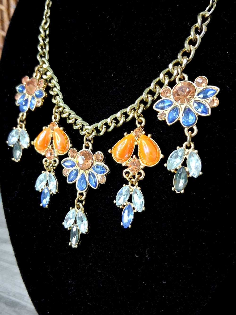 Gold-Tone Floral Rhinestone Pendant Necklace - Orange & Blue